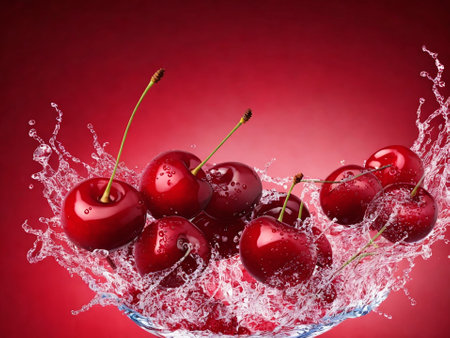 Cherries in water splashes on a red background. Red background.の素材
