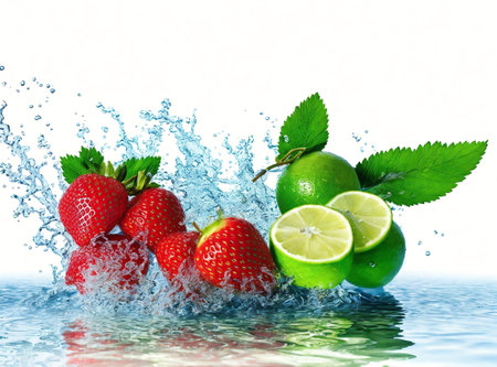Fresh fruits with water splash, isolated on white. 3d renderingの素材