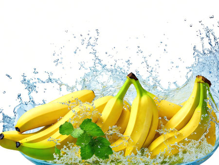 Fresh bananas with water splash on white background. Healthy food concept.の素材