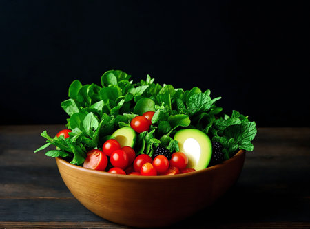 Fresh vegetable salad in a bowl on a wooden table, selective focusの素材