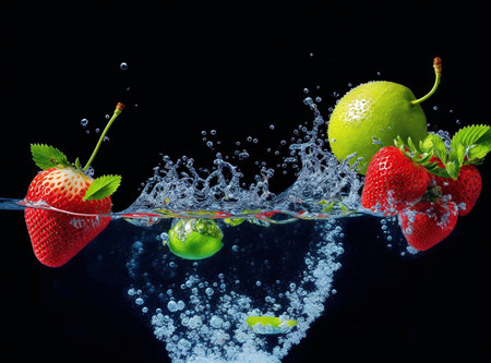 Fresh fruits with water splash on black background. Healthy food concept.の素材