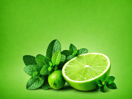 lime and mint on a green background. Shallow depth of fieldの素材