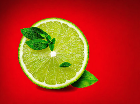 Fresh lime with mint leaves on a red background. Close-up.の素材