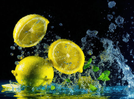 Lemon and mint falling into water with splash on black background.の素材