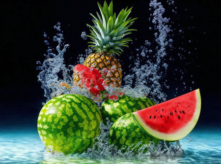 Watermelon, pineapple and watermelon in water splash on black backgroundの素材