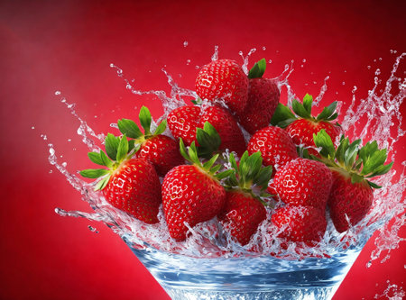 Strawberries in a glass of water with splash on red backgroundの素材