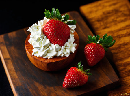 Strawberry dessert in a wooden bowl on a dark background.の素材