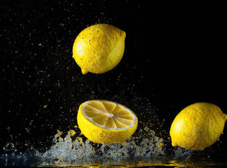 Lemons falling into water on black background. Concept of healthy eating.の素材