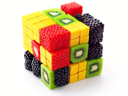 Fruit cube isolated on white background, fruit cube made of fruitsの素材