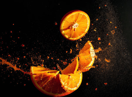 Sliced orange on a black background with splashes of juiceの素材