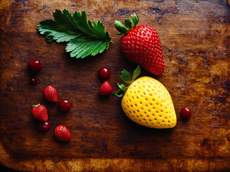 Strawberries and cherries on a wooden background. Top view.の素材