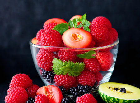 Fresh raspberries and blackberries in a glass bowl on a black backgroundの素材