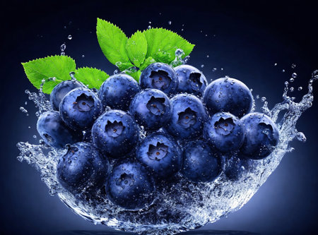 Blueberries with water splash on dark blue background. Blueberry antioxidant.の素材