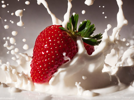 Strawberry falling into milk with splashes on a gray backgroundの素材