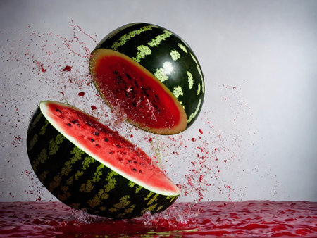 Watermelon splashing into the water on a gray background with dropsの素材