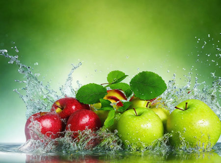 Fresh apples with water splash on green background. Healthy food concept.の素材