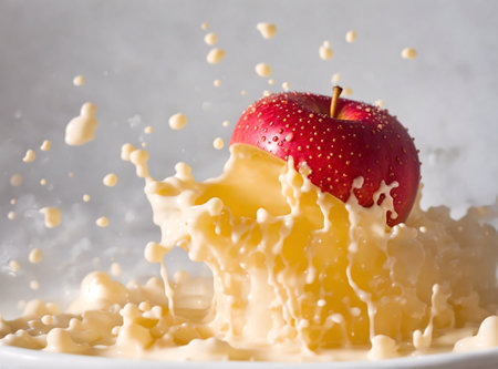 Splash of milk and red apple on a white background. Close upの素材