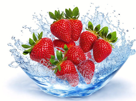 Strawberries in water splash isolated on white background. 3d illustrationの素材