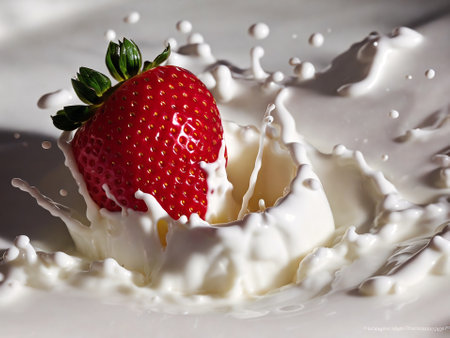 strawberry falling into the milk splashing on a white backgroundの素材