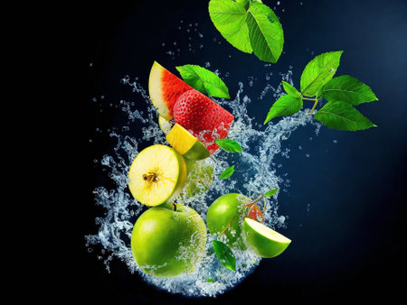 Fruit splashing in water on black background. Healthy food conceptの素材