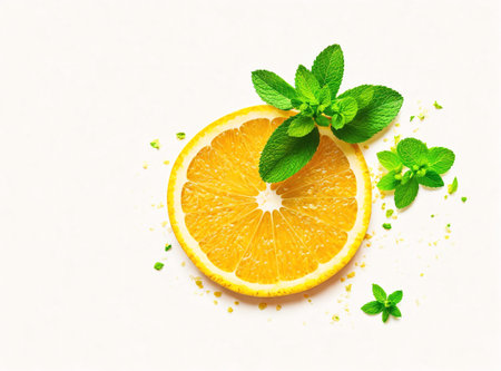 Fresh mint leaves and slices of orange isolated on white background, top viewの素材