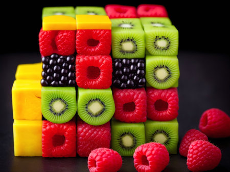 Fruit jelly candies with kiwi and raspberry on black background.の素材