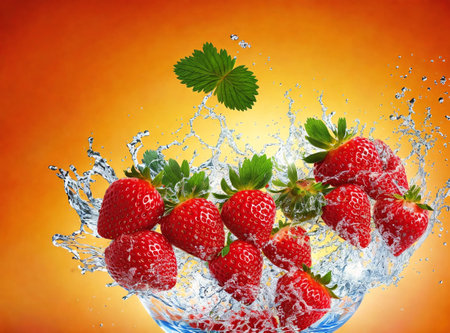Strawberries in water splash on orange background. Fresh fruit.の素材