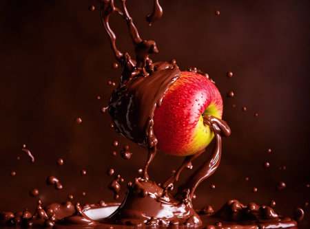 Splash of chocolate and red apple on a brown background, close-upの素材