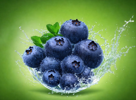 Fresh blueberries with water splash on green background. Healthy food conceptの素材