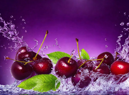 Cherries with water splash on purple background, close-upの素材