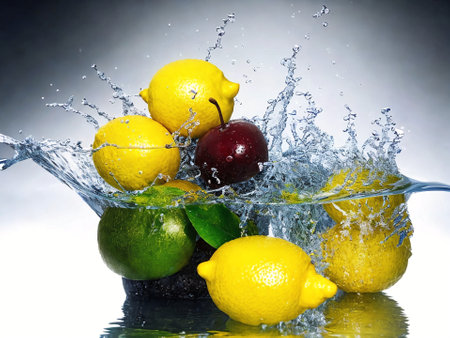 Fruit splashing in water on a white background. Lemon, lime, cherryの素材