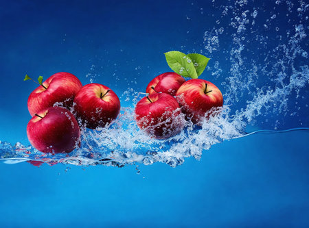 Fresh red apples falling into water with splash and drops on blue backgroundの素材