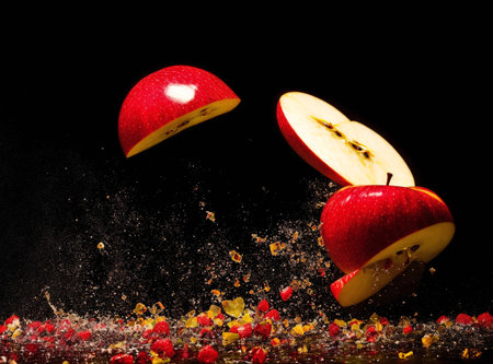 Flying red apples on black background with splashes and drops of waterの素材