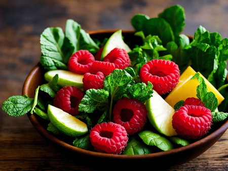 Fresh fruit salad with raspberries, apple, lime and mint leaves. Selective focusの素材