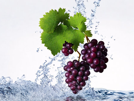 Bunch of fresh grapes in water splashes on white background.の素材