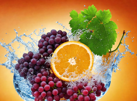 Fruit in water splash, orange and grape on orange background.の素材