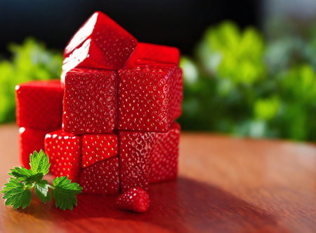 Strawberries in the shape of a house on a wooden backgroundの素材