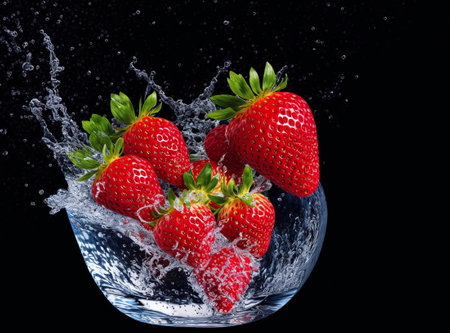 Fresh strawberries falling into water with splash on black background. 3d illustrationの素材