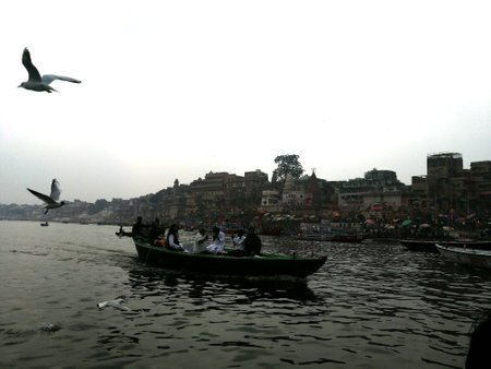 Boat on Ganga river in banarasのeditorial素材