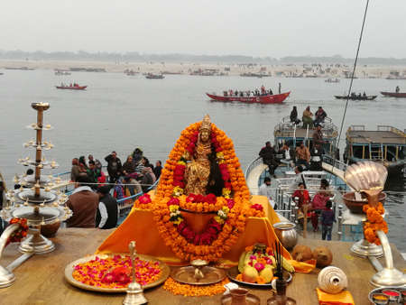 Godess ganga on banaras ghatのeditorial素材