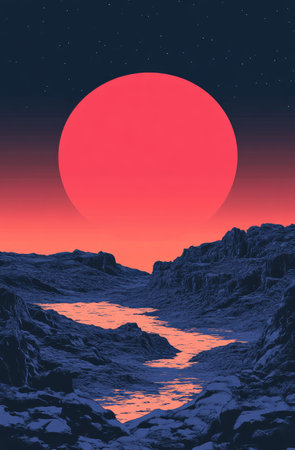 A breathtaking digital painting of an alien planet's serene landscape under a giant red sun.  Towering mountains and a winding river carve through the vibrant coral and pink canyons.  Perfect for science fiction, fantasy, or cosmic-themed projects, wallpapers, and graphic design.の写真素材