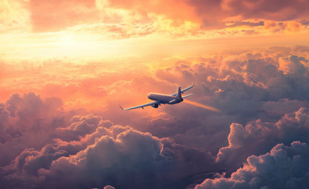 A passenger plane soars above a breathtaking sea of clouds during a vibrant golden hour sunset.  The...