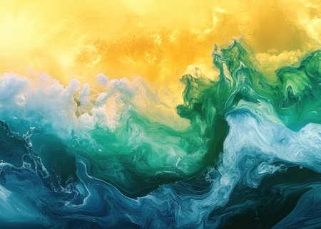 A mesmerizing abstract artwork depicting swirling ocean waves in vibrant teal, green, and gold hues....
