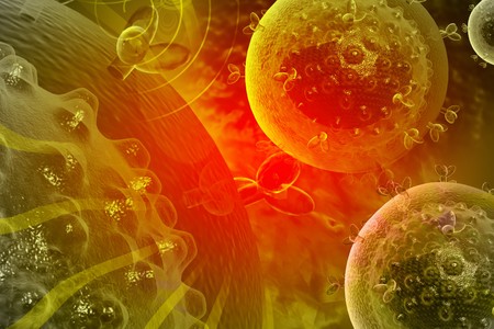 Digital illustration of HIV virus in color background