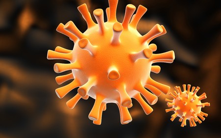 3d rendering of influenza virus in color background	の写真素材
