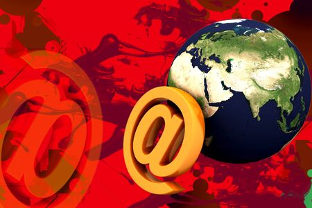 Highly rendering globe and business symbol in color backgroundの写真素材