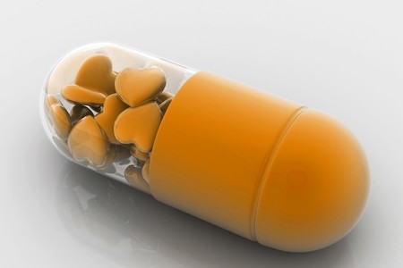 3d illustration of hearts filled in pill. Conceptual design	の写真素材