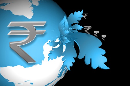 Indian rupee sign and world sign  in color abstract backgroundの写真素材