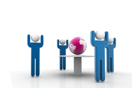 3d rendering of men around a globe in isolated background の写真素材