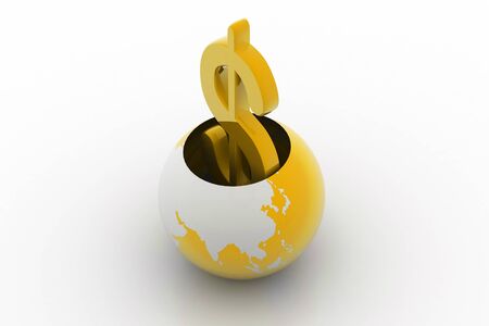 3d rendering of globe and dollar sign in white background	の写真素材